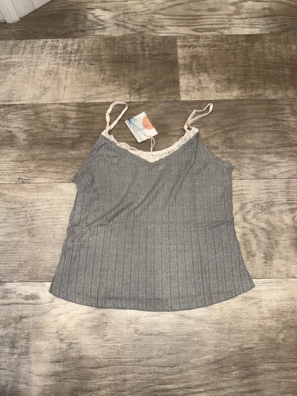 Blu Pepper Gray Ribbed Tank with Cream Lace Trim